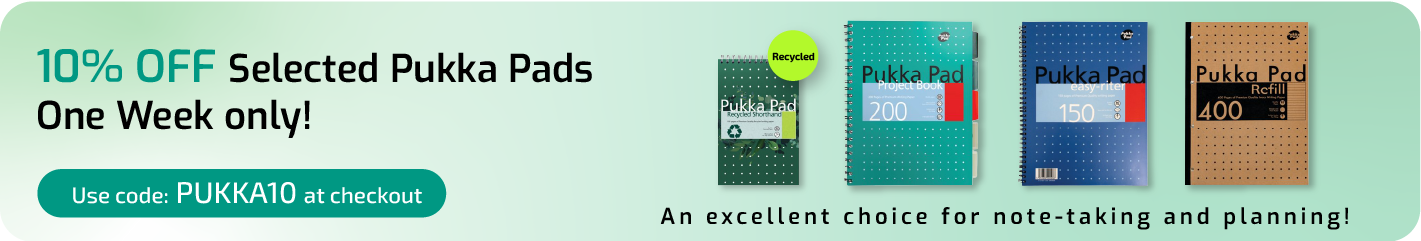 Banner offering a discount on selected Pukka Pads for 1 week only. Images of Pukka refill pads and project books